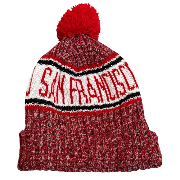 Other - San Francisco Knit Beanie Hat Pom Pom Red White Fleece Lined Winter Cap